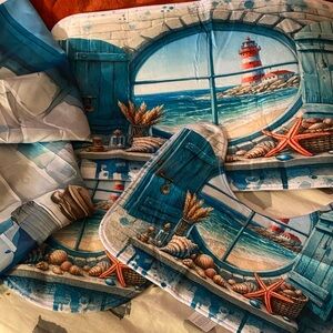 Coastal Lighthouse Bath Set - Blue and White